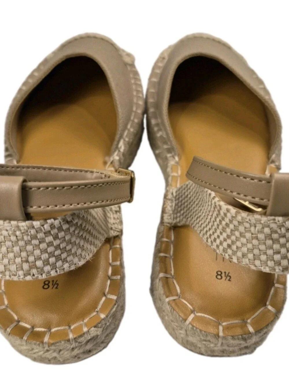 Espadrilles Beige Canvas Sz 8.5 Ankle Strap Close Toe Cushion Insole NWOB